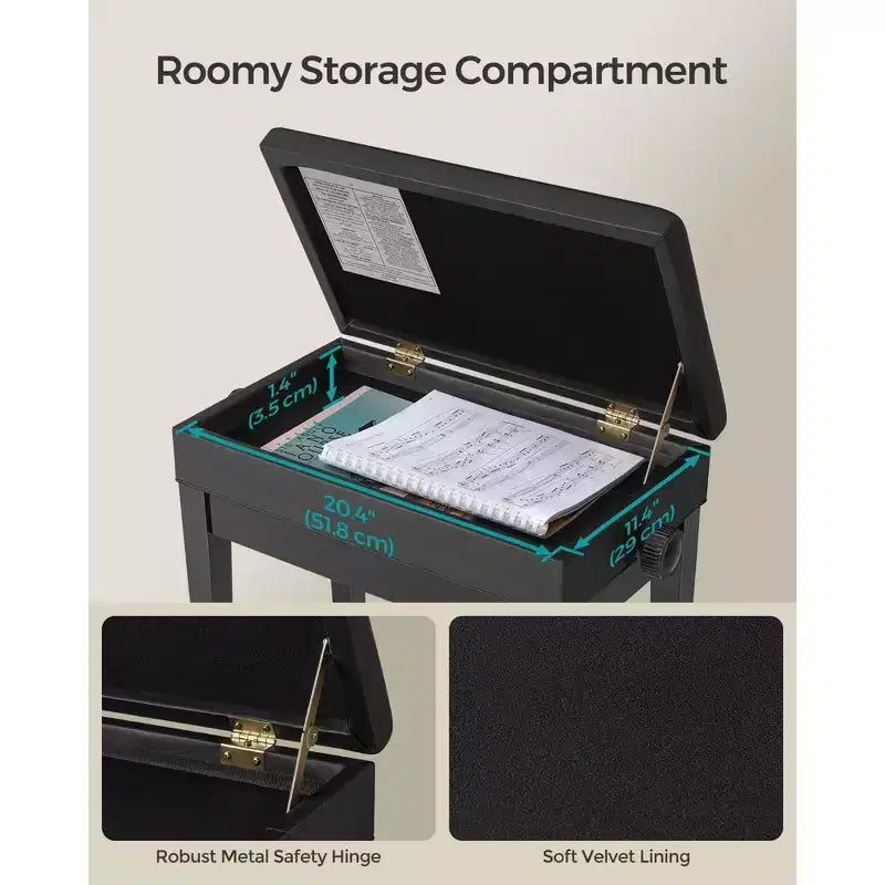 SONGMICS Adjustable Wooden Piano Bench Stool with Sheet Music Storage Black