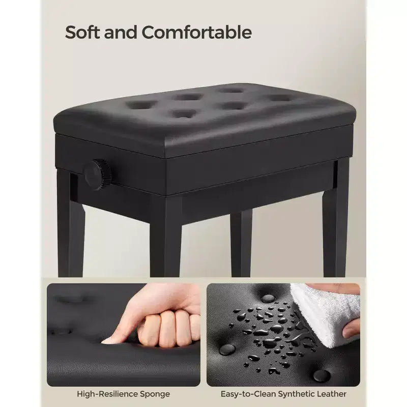 SONGMICS Adjustable Wooden Piano Bench Stool with Sheet Music Storage Black