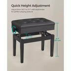 SONGMICS Adjustable Wooden Piano Bench Stool with Sheet Music Storage Black
