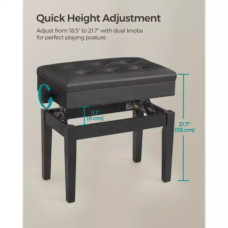 SONGMICS Adjustable Wooden Piano Bench Stool with Sheet Music Storage Black