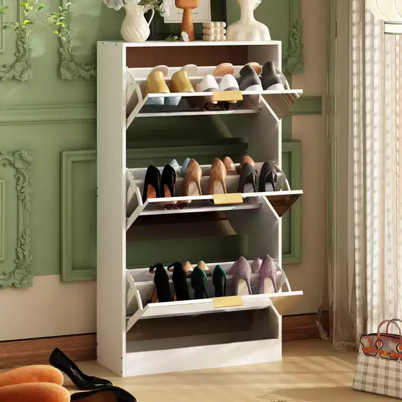 3-Tier Flip Door Shoe Cabinet with Full-Length Mirror, Holds 18 Pairs
