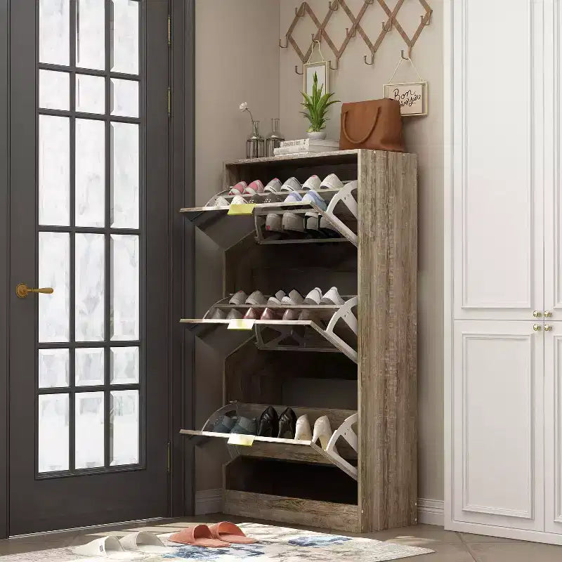 3-Tier Flip Door Shoe Cabinet with Full-Length Mirror, Holds 18 Pairs