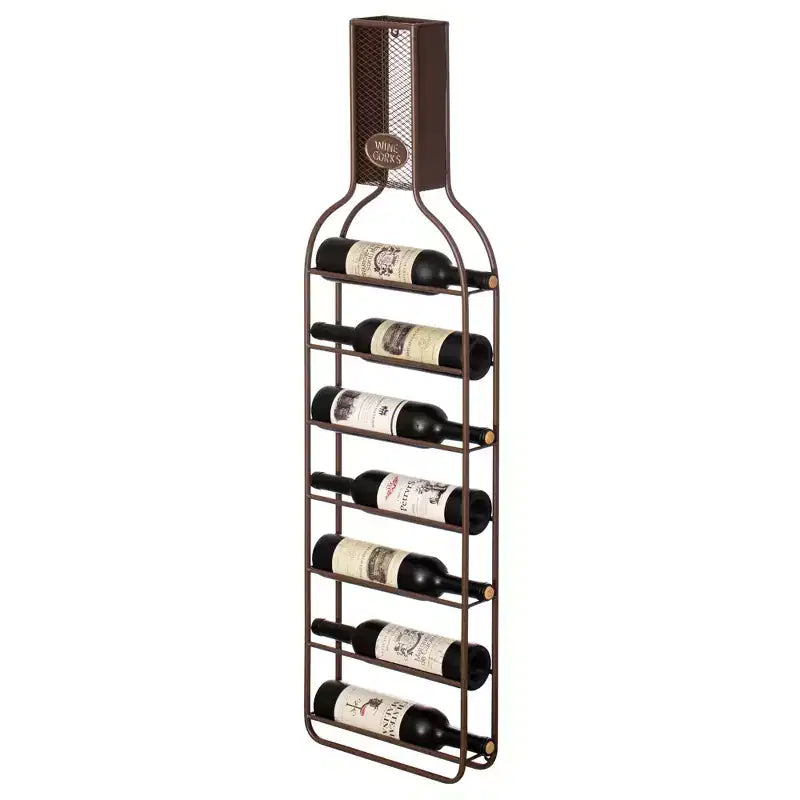 Wall-Mounted 7-Bottle Metal Wine Rack with Mesh Cork Catcher