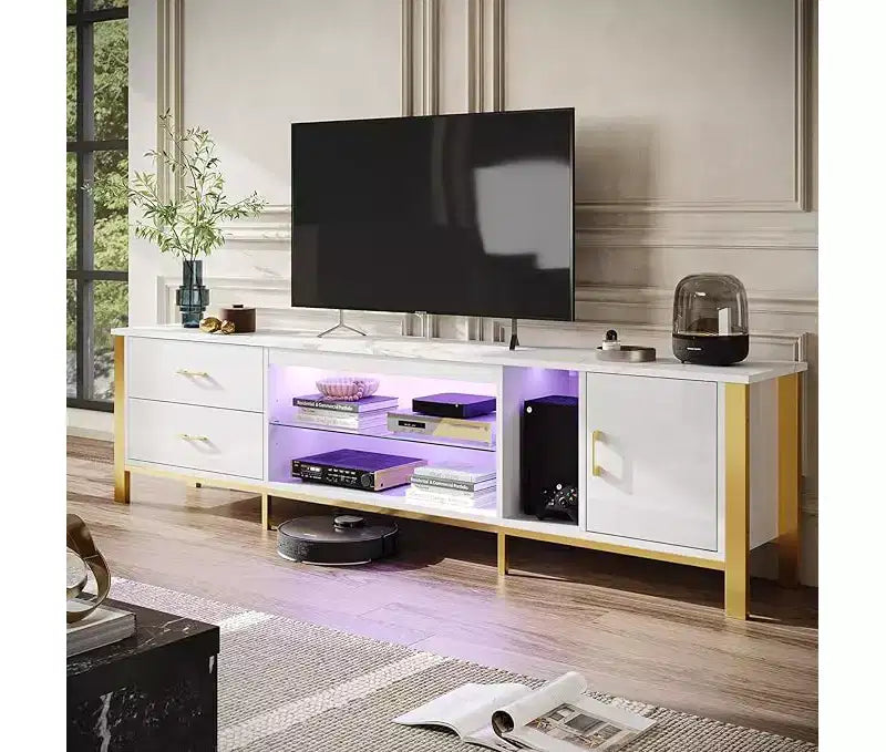 80-Inch LED TV Stand for TVs up to 90", RGB Lighting, Tempered Glass Shelves
