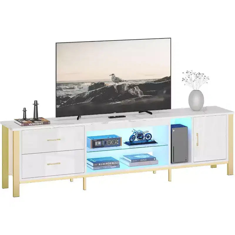 80-Inch LED TV Stand for TVs up to 90", RGB Lighting, Tempered Glass Shelves