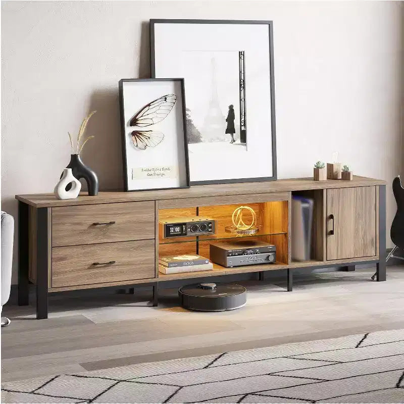 80-Inch LED TV Stand for TVs up to 90", RGB Lighting, Tempered Glass Shelves