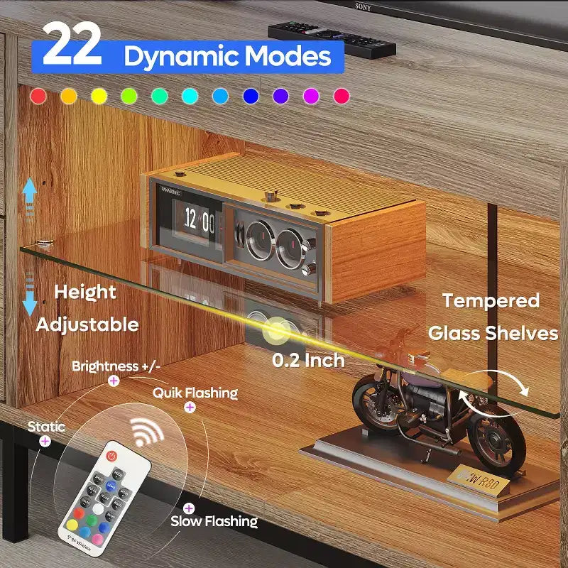 80-Inch LED TV Stand for TVs up to 90", RGB Lighting, Tempered Glass Shelves
