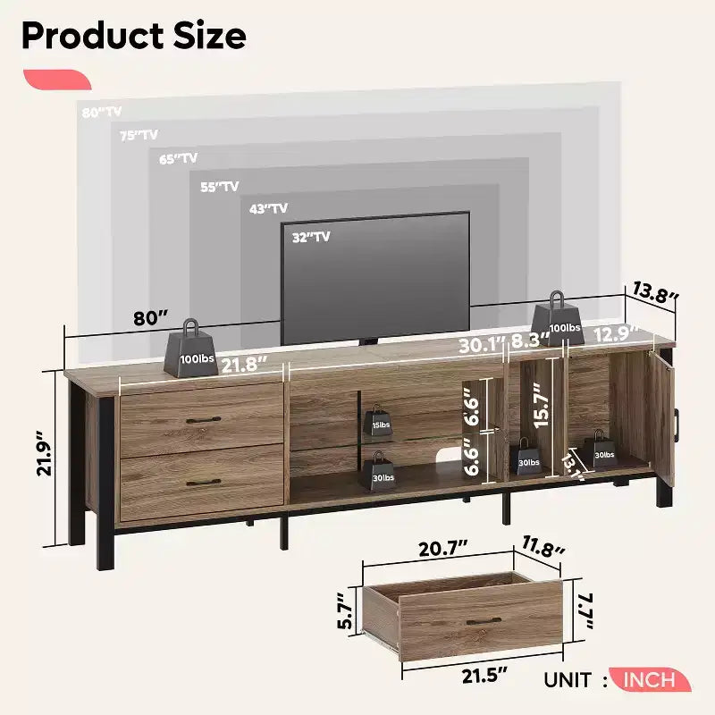80-Inch LED TV Stand for TVs up to 90", RGB Lighting, Tempered Glass Shelves