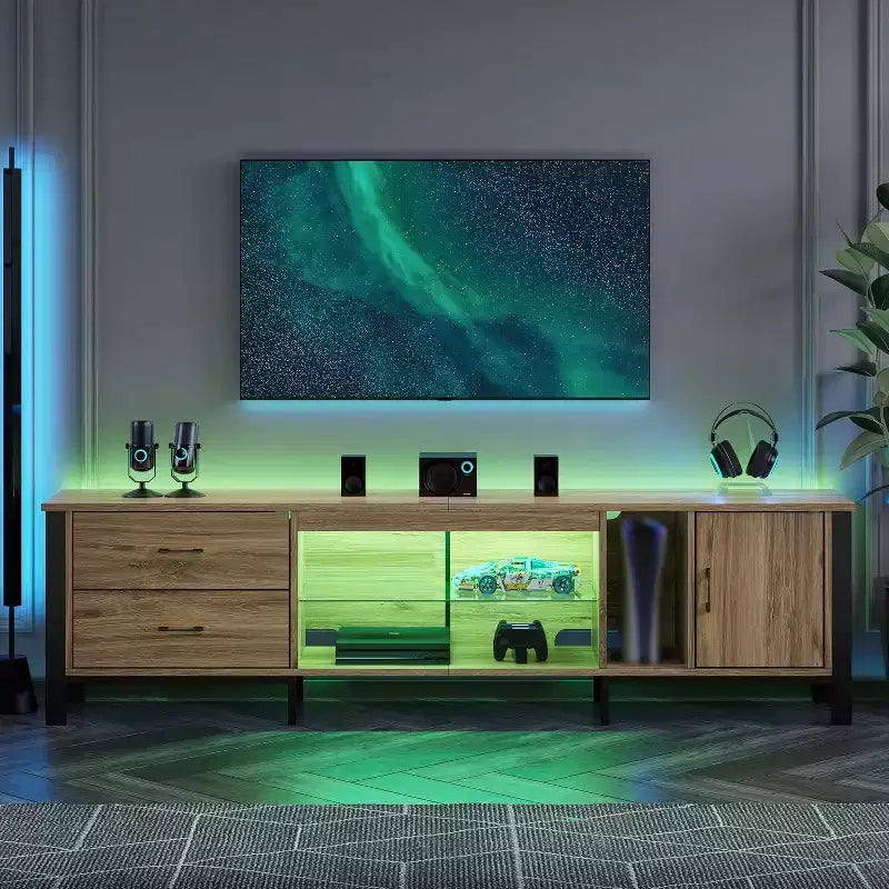 80-Inch LED TV Stand for TVs up to 90", RGB Lighting, Tempered Glass Shelves