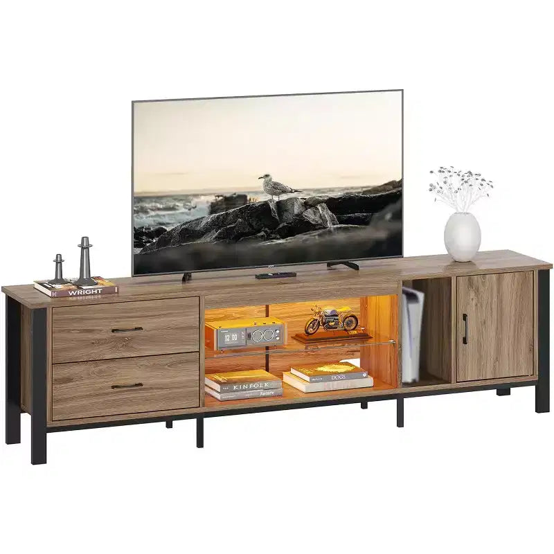 80-Inch LED TV Stand for TVs up to 90", RGB Lighting, Tempered Glass Shelves