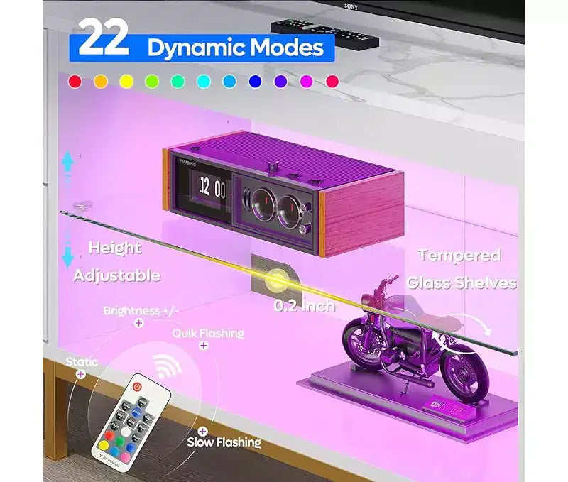 80-Inch LED TV Stand for TVs up to 90", RGB Lighting, Tempered Glass Shelves