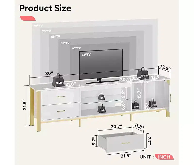 80-Inch LED TV Stand for TVs up to 90", RGB Lighting, Tempered Glass Shelves