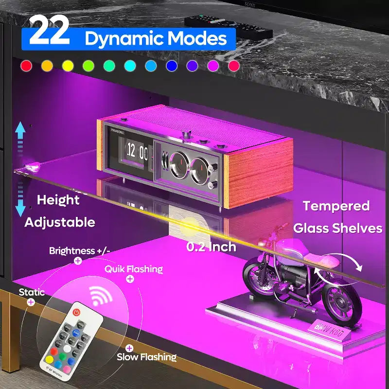 80-Inch LED TV Stand for TVs up to 90", RGB Lighting, Tempered Glass Shelves