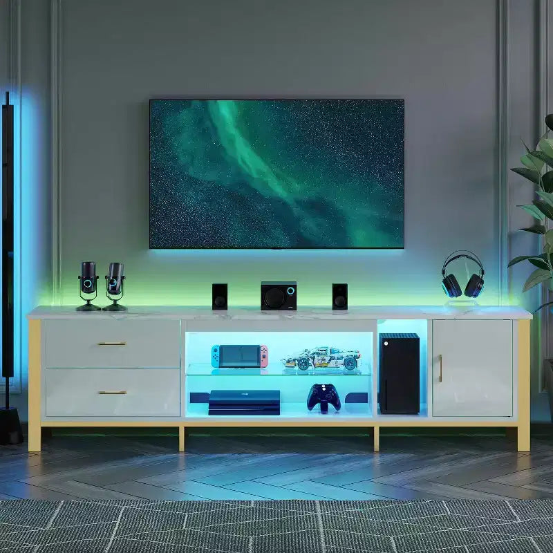 80-Inch LED TV Stand for TVs up to 90", RGB Lighting, Tempered Glass Shelves