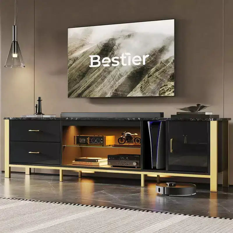 80-Inch LED TV Stand for TVs up to 90", RGB Lighting, Tempered Glass Shelves