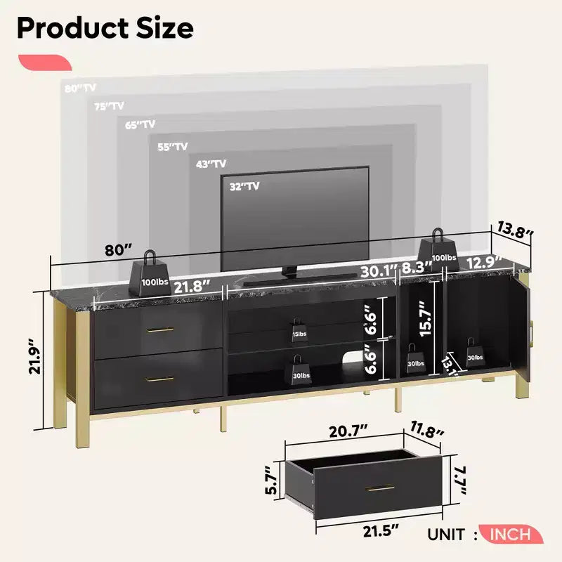80-Inch LED TV Stand for TVs up to 90", RGB Lighting, Tempered Glass Shelves