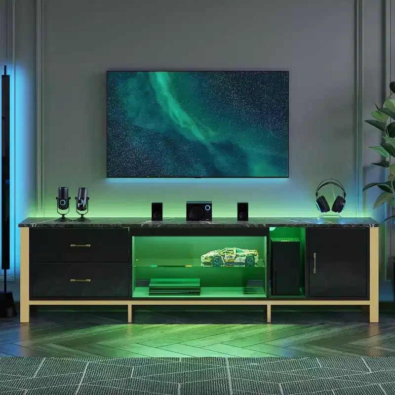 80-Inch LED TV Stand for TVs up to 90", RGB Lighting, Tempered Glass Shelves