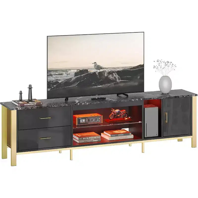 80-Inch LED TV Stand for TVs up to 90", RGB Lighting, Tempered Glass Shelves