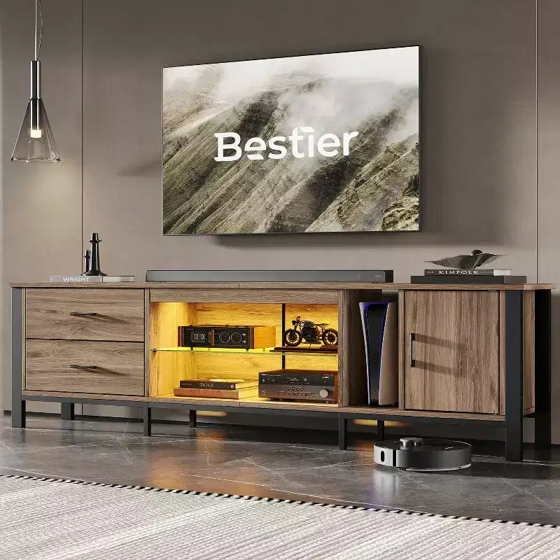 80-Inch LED TV Stand for TVs up to 90", RGB Lighting, Tempered Glass Shelves