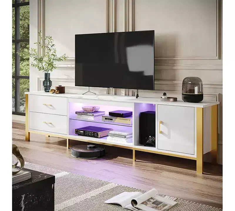 80-Inch LED TV Stand for TVs up to 90", RGB Lighting, Tempered Glass Shelves