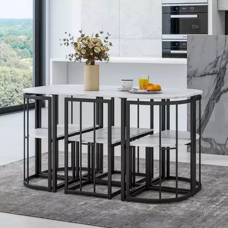 7-Piece Dining Table Set with Faux Marble Top and 6 Chairs, Iron Frame