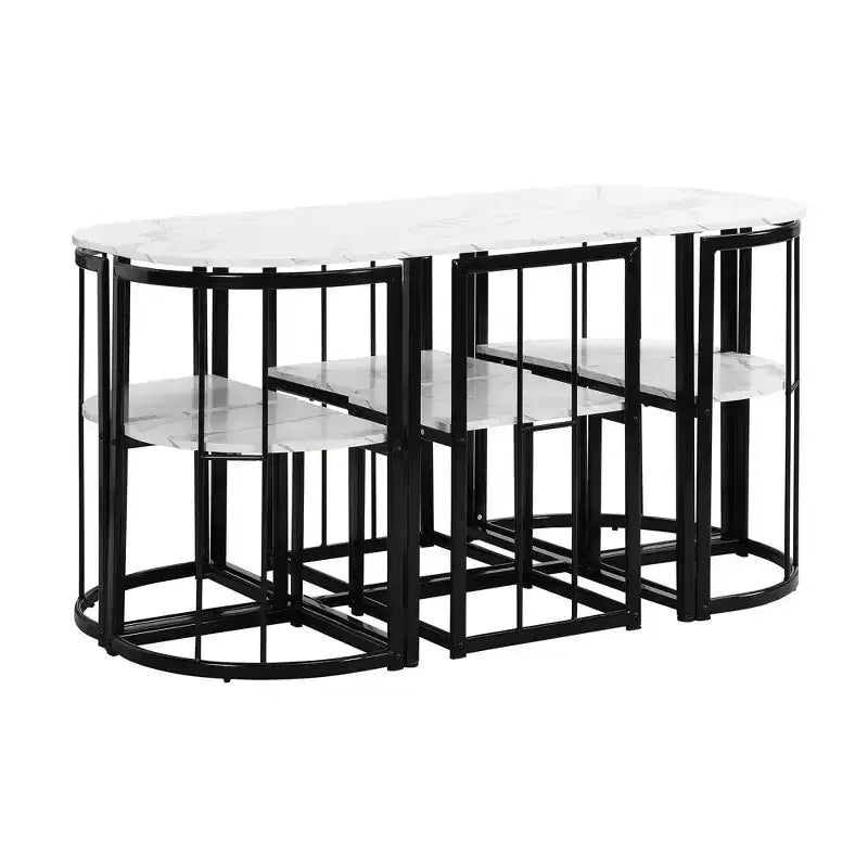 7-Piece Dining Table Set with Faux Marble Top and 6 Chairs, Iron Frame