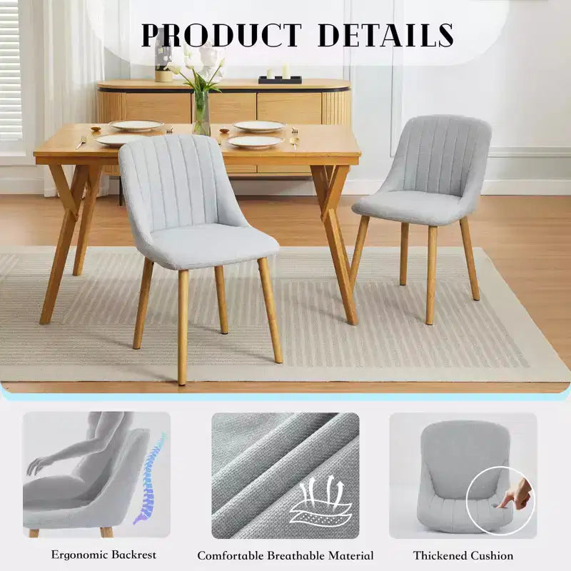 Mid-Century Modern Dining Chair, Upholstered Fabric Accent Chairs with Wood Legs, Set of 2, Performance Fabric In Linen