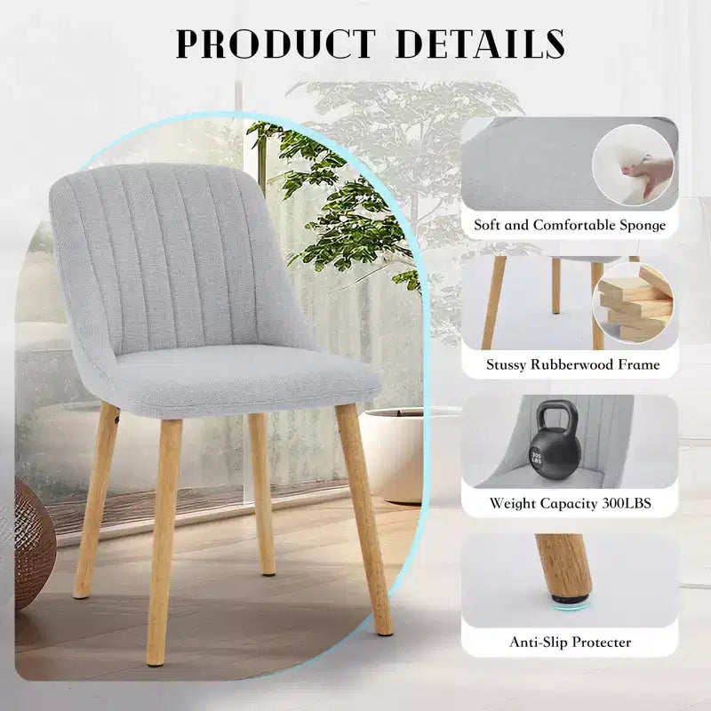Mid-Century Modern Dining Chair, Upholstered Fabric Accent Chairs with Wood Legs, Set of 2, Performance Fabric In Linen