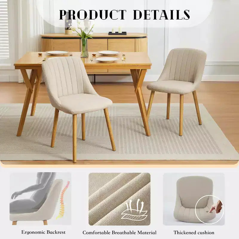 Mid-Century Modern Dining Chair, Upholstered Fabric Accent Chairs with Wood Legs, Set of 2, Performance Fabric In Linen
