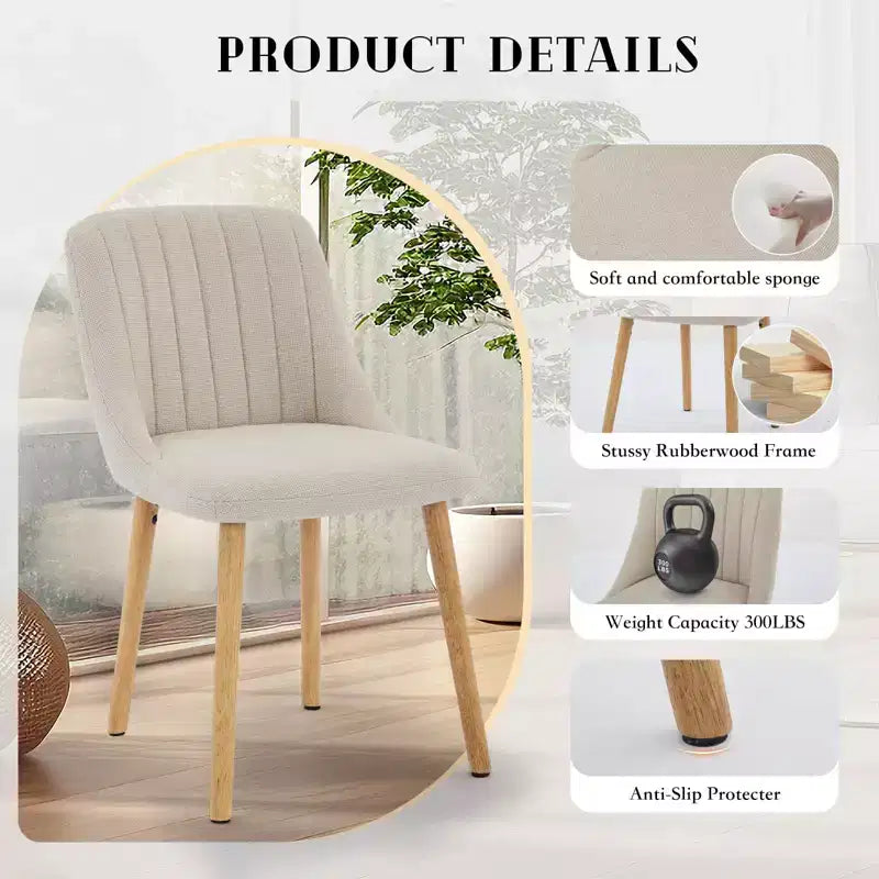 Mid-Century Modern Dining Chair, Upholstered Fabric Accent Chairs with Wood Legs, Set of 2, Performance Fabric In Linen