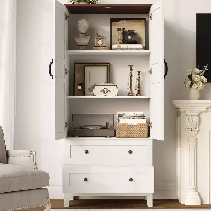 65 Tall Storage Cabinet with Adjustable Shelves, Farmhouse Wooden Pantry w/ 2 Doors & 2 Drawers, Freestanding Bookcases for Dining Room, Living Room