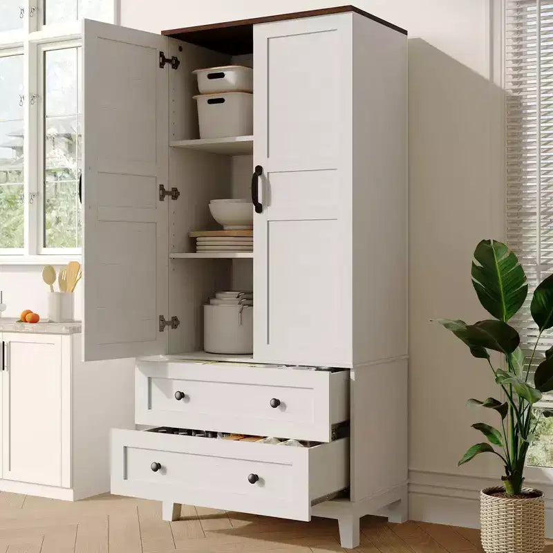 65 Tall Storage Cabinet with Adjustable Shelves, Farmhouse Wooden Pantry w/ 2 Doors & 2 Drawers, Freestanding Bookcases for Dining Room, Living Room