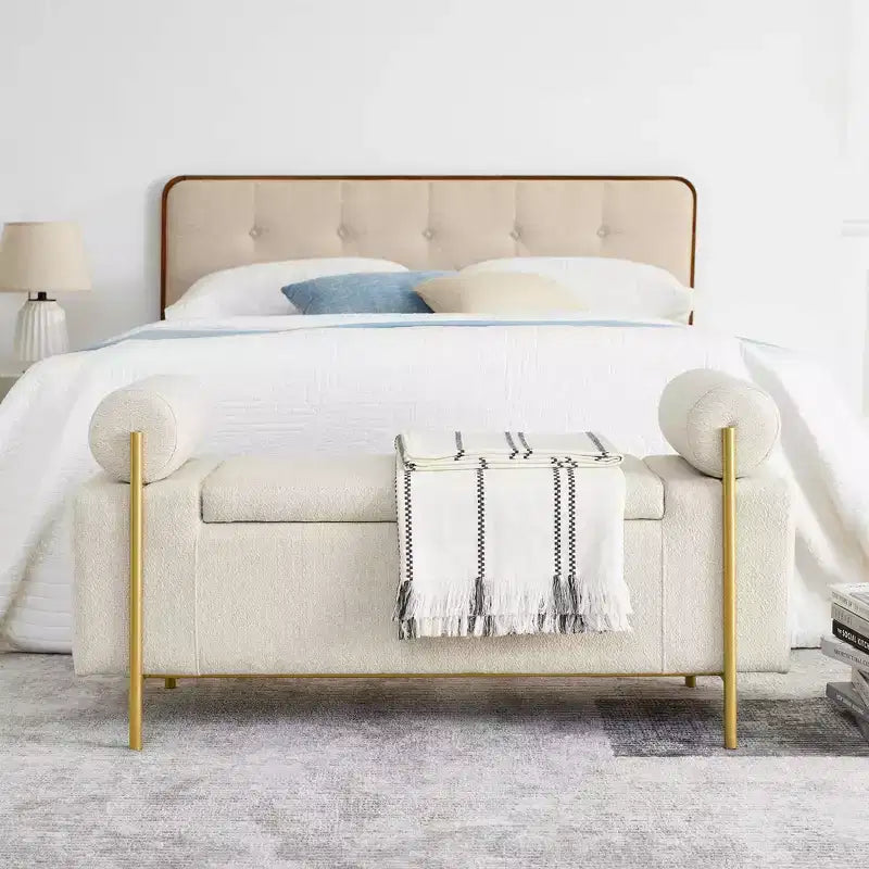 MAYEERTY Elegant Upholstered Line Storage Bench with Cylindrical Arms and Iron Legs for Hallway Living Room Bedroom Beige