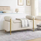 MAYEERTY Elegant Upholstered Line Storage Bench with Cylindrical Arms and Iron Legs for Hallway Living Room Bedroom Beige