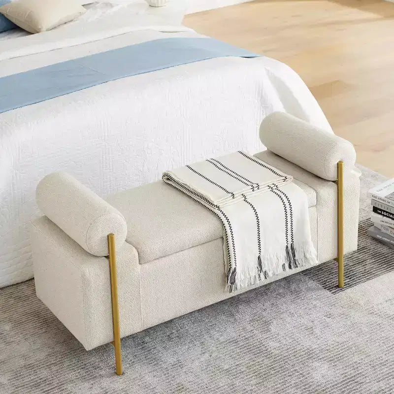 MAYEERTY Elegant Upholstered Line Storage Bench with Cylindrical Arms and Iron Legs for Hallway Living Room Bedroom Beige