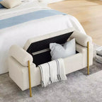 MAYEERTY Elegant Upholstered Line Storage Bench with Cylindrical Arms and Iron Legs for Hallway Living Room Bedroom Beige