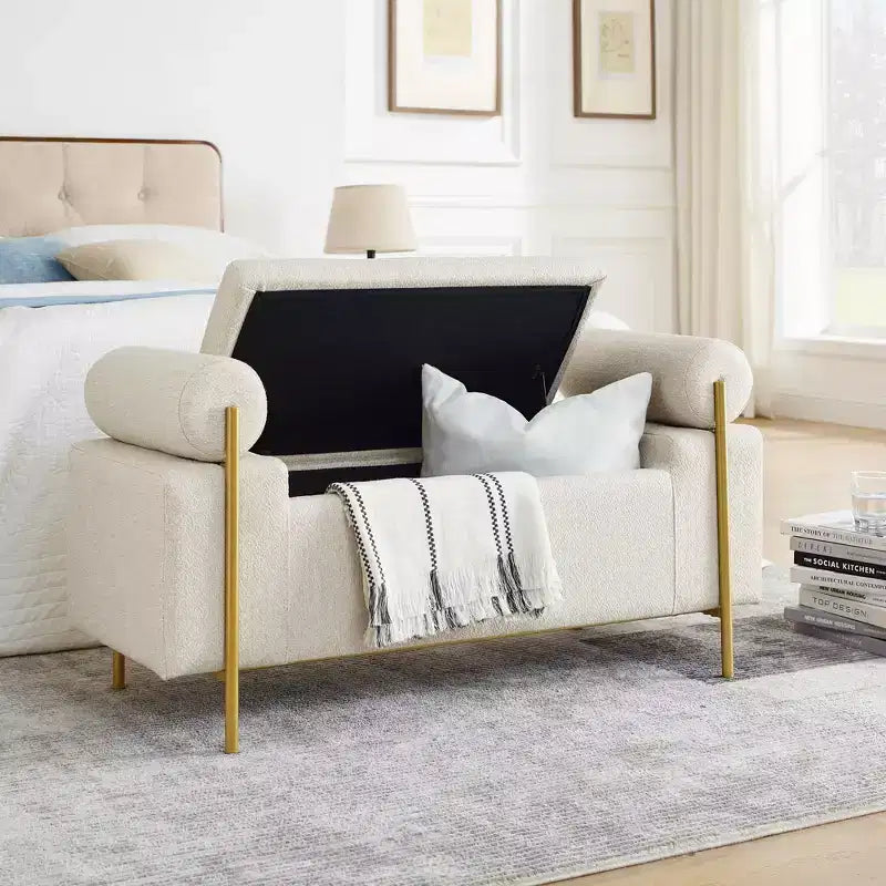 MAYEERTY Elegant Upholstered Line Storage Bench with Cylindrical Arms and Iron Legs for Hallway Living Room Bedroom Beige