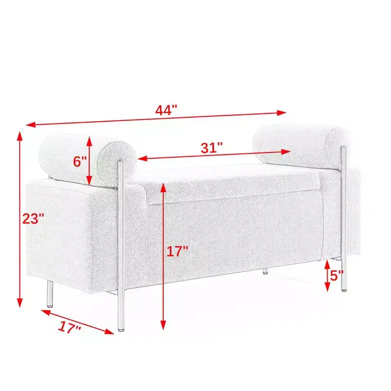 MAYEERTY Elegant Upholstered Line Storage Bench with Cylindrical Arms and Iron Legs for Hallway Living Room Bedroom Beige
