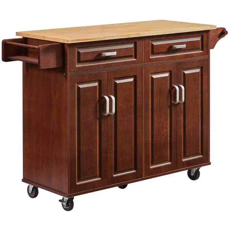 FAMYYT Brown Drop Leaf Wood Top 54 in. Kitchen Island Cart with 2 Drawers, Locking Casters, and Storage Shelves
