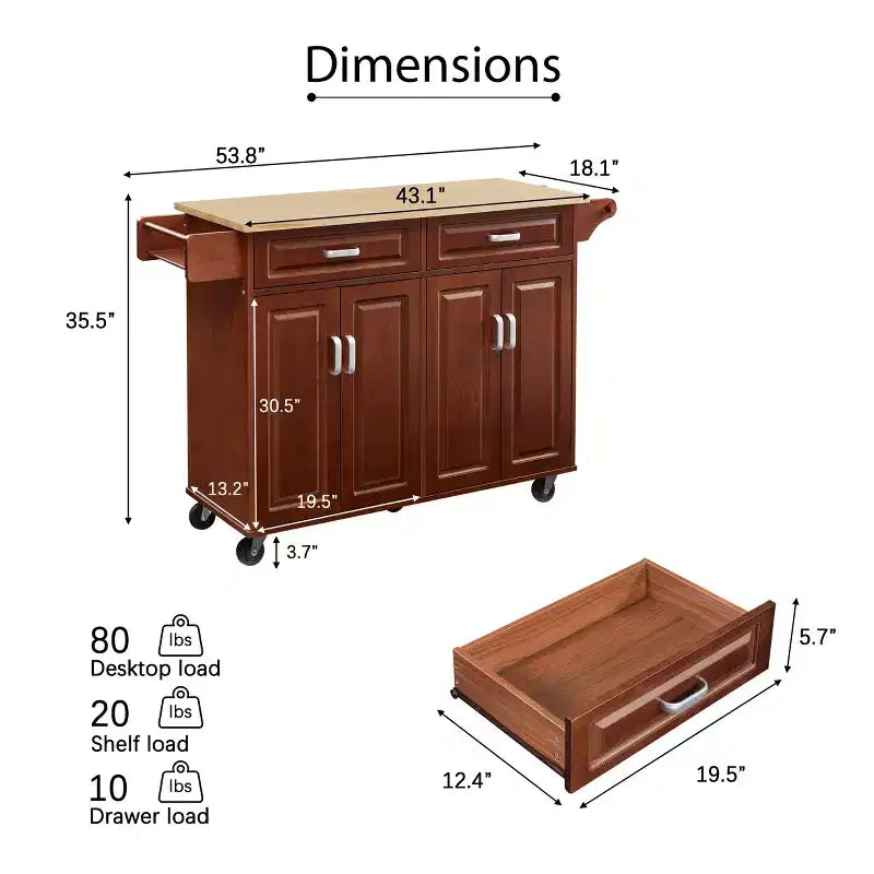 FAMYYT Brown Drop Leaf Wood Top 54 in. Kitchen Island Cart with 2 Drawers, Locking Casters, and Storage Shelves