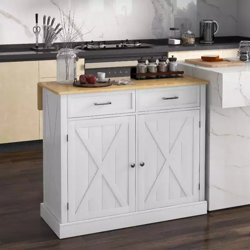 FAMYYT White Smooth Rubber Wood Top 23.5 in. Kitchen Island with 2 Door Cabinet and 2 Drawers