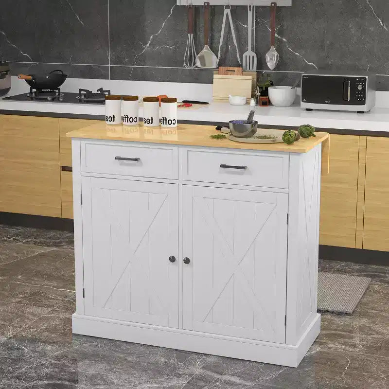 FAMYYT White Smooth Rubber Wood Top 23.5 in. Kitchen Island with 2 Door Cabinet and 2 Drawers