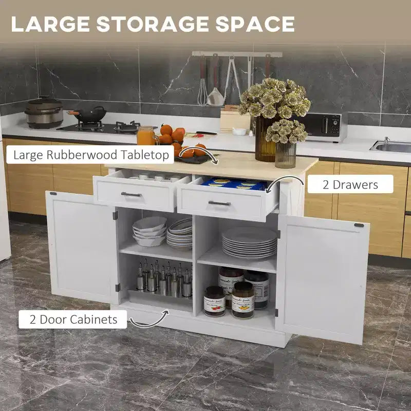 FAMYYT White Smooth Rubber Wood Top 23.5 in. Kitchen Island with 2 Door Cabinet and 2 Drawers