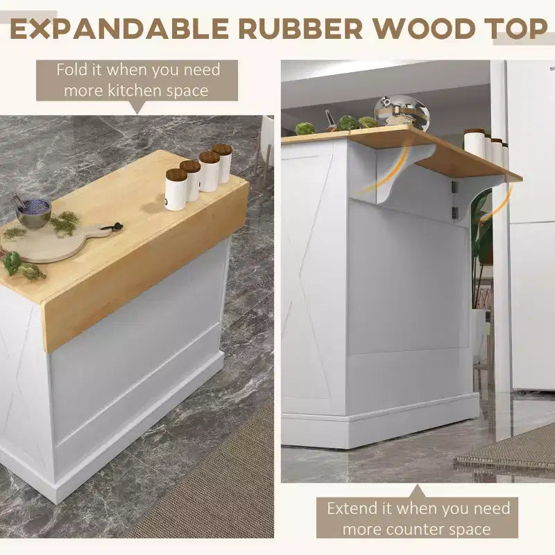 FAMYYT White Smooth Rubber Wood Top 23.5 in. Kitchen Island with 2 Door Cabinet and 2 Drawers