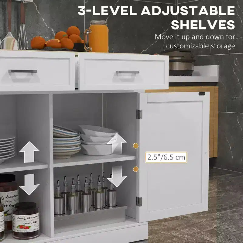 FAMYYT White Smooth Rubber Wood Top 23.5 in. Kitchen Island with 2 Door Cabinet and 2 Drawers