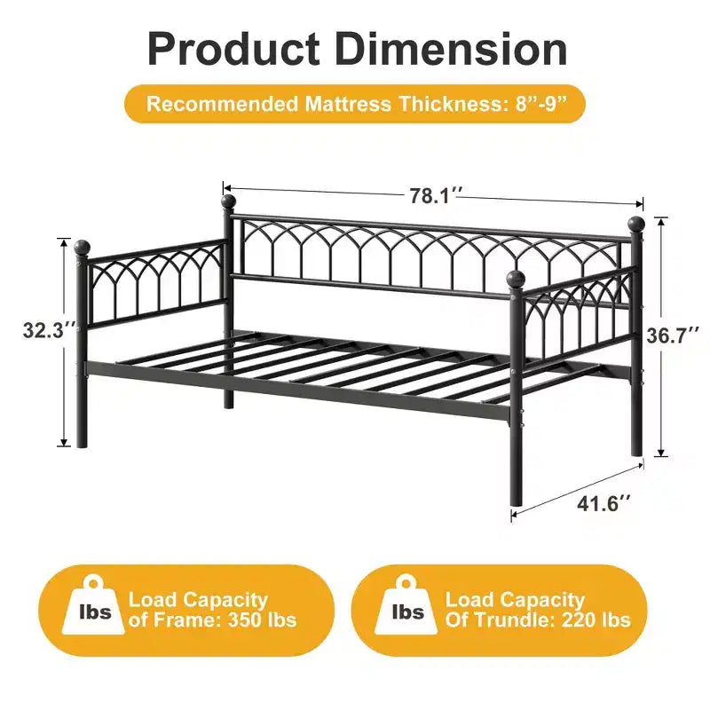 Twin Metal Daybed Frame, Sofa Bed with Steel Slats, 350 lb Capacity, Black