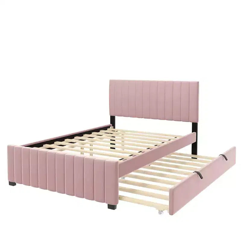 Full Size Velvet Upholstered Platform Bed with Twin Trundle, 500 lb Capacity
