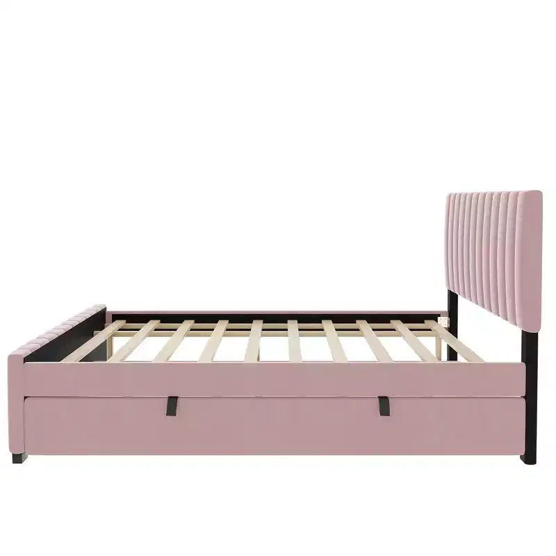 Full Size Velvet Upholstered Platform Bed with Twin Trundle, 500 lb Capacity
