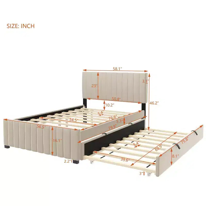 Full Size Velvet Upholstered Platform Bed with Twin Trundle, 500 lb Capacity