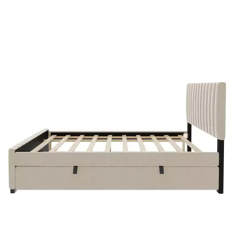 Full Size Velvet Upholstered Platform Bed with Twin Trundle, 500 lb Capacity